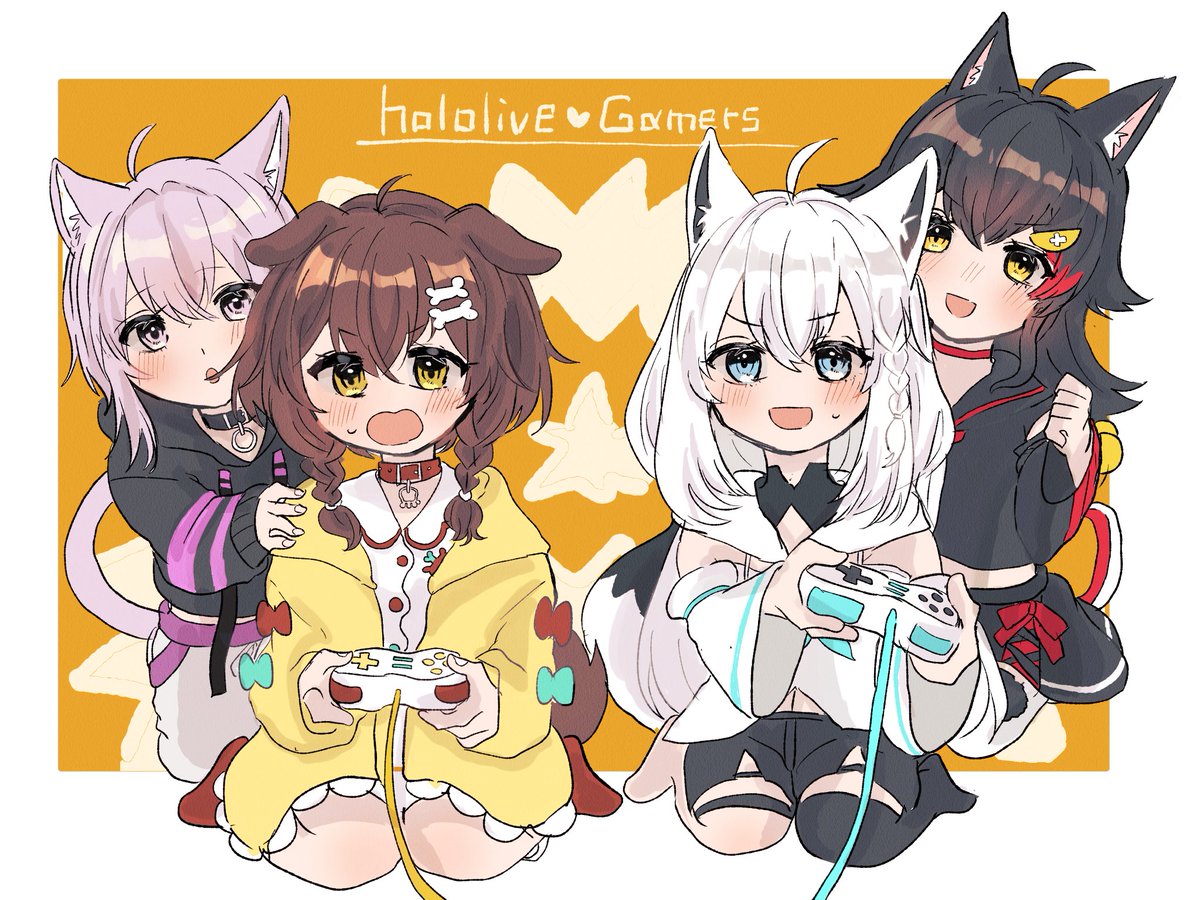 inugami korone ,nekomata okayu ,ookami mio ,shirakami fubuki 4girls multiple girls dog ears animal ears fox ears cat ears wolf girl  illustration images