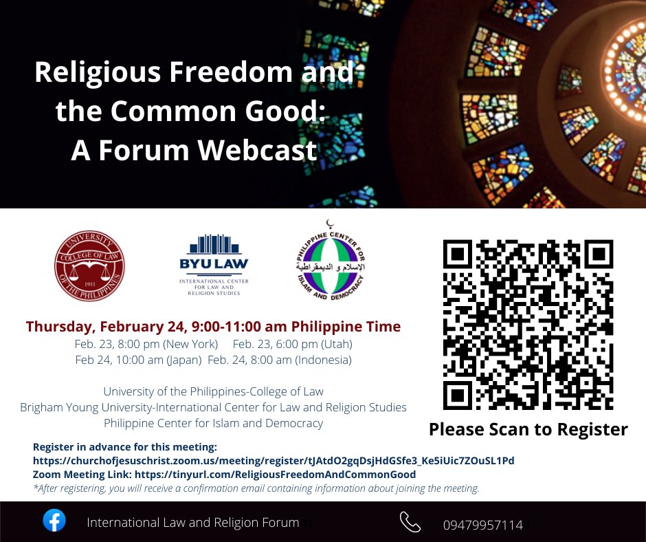 Join us tomorrow, February 24, 9:00-11:00 am for a virtual forum on "Religious Freedom and the Common Good".

Register here: churchofjesuschrist.zoom.us/.../tJAtdO2gqD…...

Shortened Zoom Link:
tinyurl.com/ReligiousFreed…