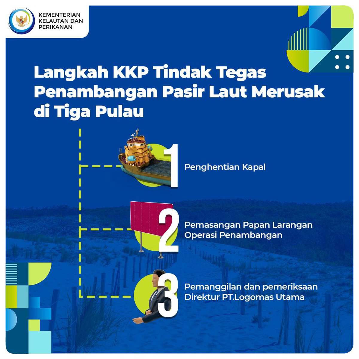 Papan larangan operasional telah dipasang di ketiga pulau yg diduga mengalami kerusakan akibat penambangan pasir laut tsb. Hal ini utk menghentikan pelanggaran dan upaya memulihkan kelestarian sumber daya KP.

#StopTambangPasirMerusak #KKPAccelerate #saktiwahyutrenggono