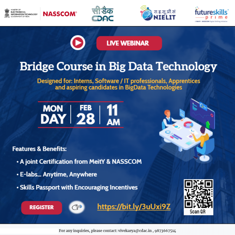 bigdata_fsp's tweet image. #BigData An excellent opportunity to get skilled and recognized in the future job roles as Data Analyst, Data Integrator, Business Analyst, Data Scientist, Solution Architect, Data Architect etc.
Register here: bit.ly/3uUxi9Z
@cdacindia @NIELITIndia @GoI_MeitY @nasscom