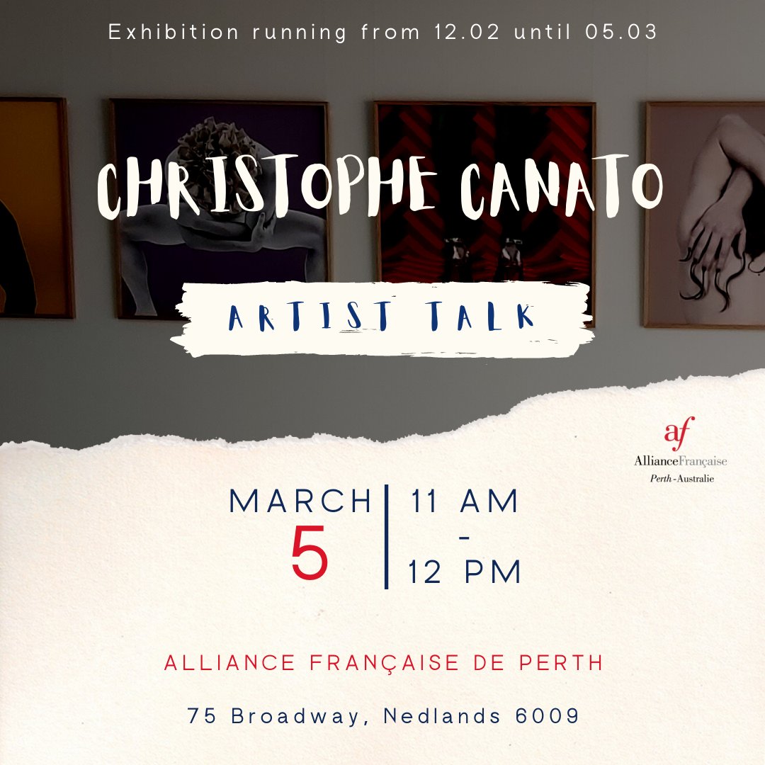 AFPerth's tweet photo. 📆SAVE THE DATE -  Saturday 5 March 11 am

Join Christophe Canato for an Artist Talk on his new exhibition currently displayed at Alliance Française. The talk will explore in detail his latest artworks including Malapropism and selected works from his recent series Anima. https://t.co/ZI73aAPcKI