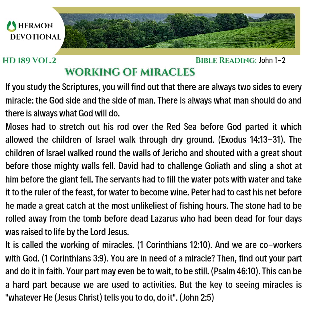 HermonCentre's tweet photo. WORKING OF MIRACLES
Every miracle has two parts: God's part and your part.
The key to miracles is finding out what is required from you and doing it. READ MORE👇
#hermondevotional
#workingofmiracles
#miracles
#signsandwonders
#graceandglory2022
@PNikemefuna
@HermonCentre https://t.co/JqBSeremT7