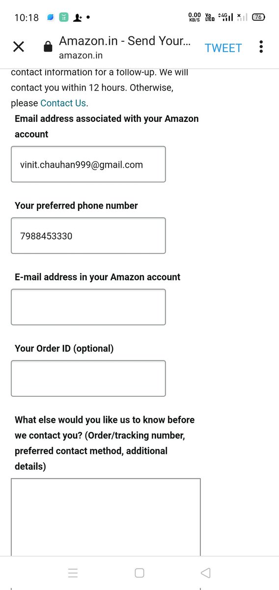 VinitChauhan999's tweet photo. @AmazonHelp I have complained 100 times provided information 100 times since 8 days but no response. And here but email id will be same na? https://t.co/1iJ4rffsZF