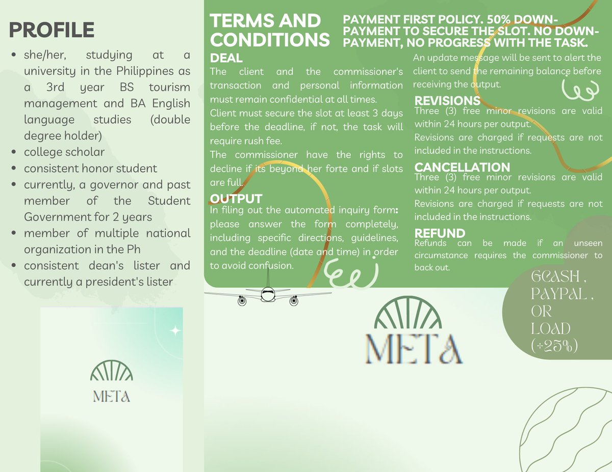 ✈︎ Welcome amazing creatures, this is Meta. 

Commission sheet is available below to know me better. In order to avail, DM for the auto inquiry form. 

ˏˋ✩⁀➷ Feedback and Clients' Grade Updates: #YouAreMeta (you are beyond) 
ˏˋ✩⁀➷ Progress Tracker: #ConspireWithMeta