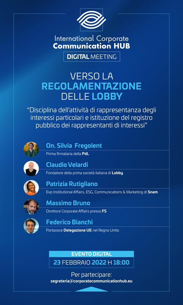 Oggi si parla di regolamentazione delle attività di #lobbying con <a href="/claudiovelardi/">claudiovelardi</a> <a href="/SFregolent/">Sonia Fregolent</a> <a href="/pat_rutigliano/">Patrizia Rutigliano</a> Federico Bianchi e Massimo Bruno. segreteria@corporatecommunicationhub.eu