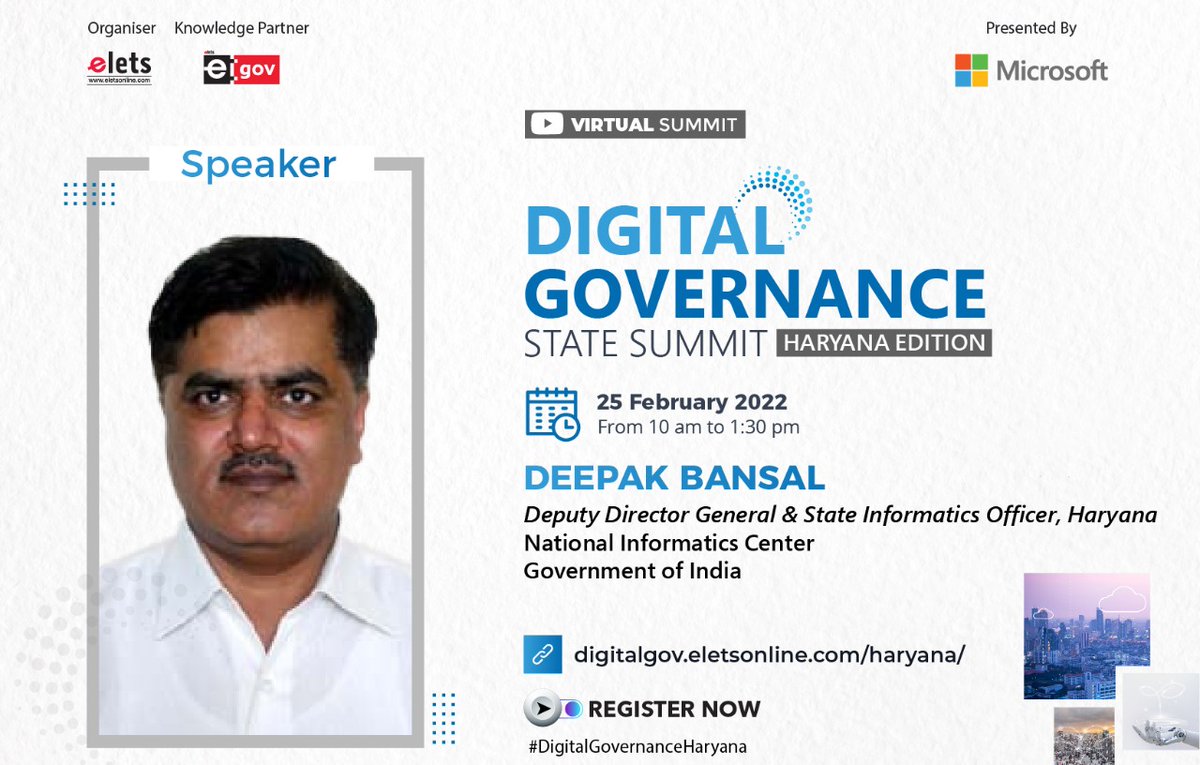 eGov Magazine (@egovonline) on Twitter photo Key Speaker I Deepak Bansal, Deputy Director General & State Informatics Officer, Haryana Informatics Center I Join Us for Deliberations
To register: bit.ly/34ZOQqo
For details: bit.ly/34UkPIa
#DigitalGovernanceHaryana #DigitalHaryana #Conference <a href="/cmohry/">CMO Haryana</a> Key Speaker I Deepak Bansal, Deputy Director General & State Informatics Officer, Haryana Informatics Center I Join Us for Deliberations
To register: bit.ly/34ZOQqo
For details: bit.ly/34UkPIa
#DigitalGovernanceHaryana #DigitalHaryana #Conference <a href="/cmohry/">CMO Haryana</a>