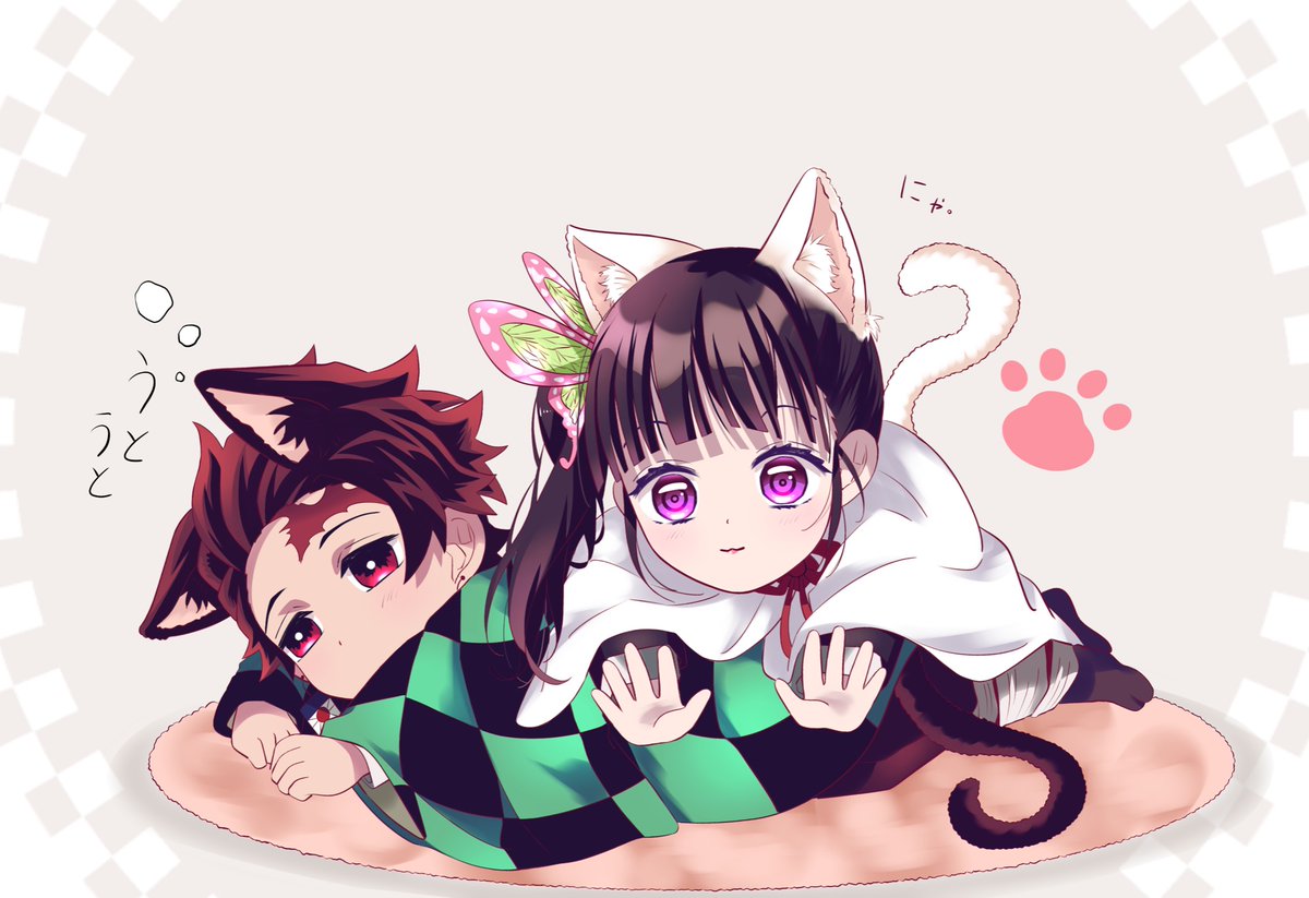 kamado tanjirou ,tsuyuri kanao 1girl animal ears 1boy cat ears tail cat tail demon slayer uniform  illustration images