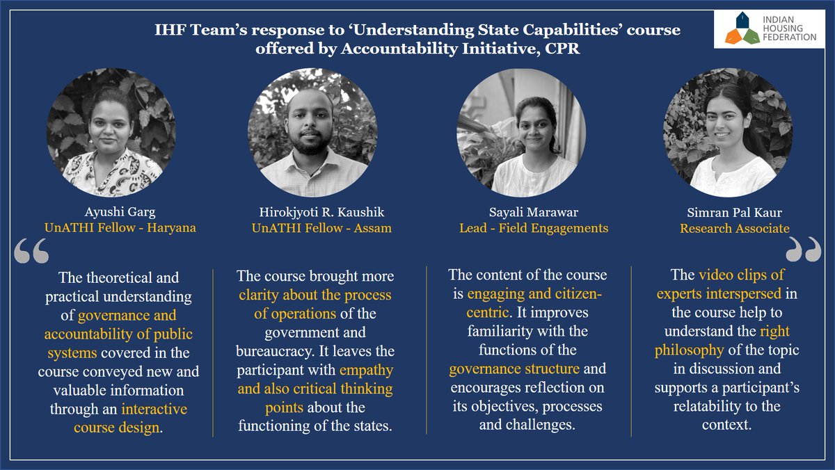 HousingFed_IN's tweet photo. #UnATHI #Fellowship Update!

Ayushi Garg, @HirokjyotiRaman, @MarawarSayali &amp; @Simran_PK participated in the ‘Understanding State Capabilities’ course offered by @AccInitiative, @CPR_India. The course enables capacity building for young professionals interested in public systems. https://t.co/HAiu8vhtXP