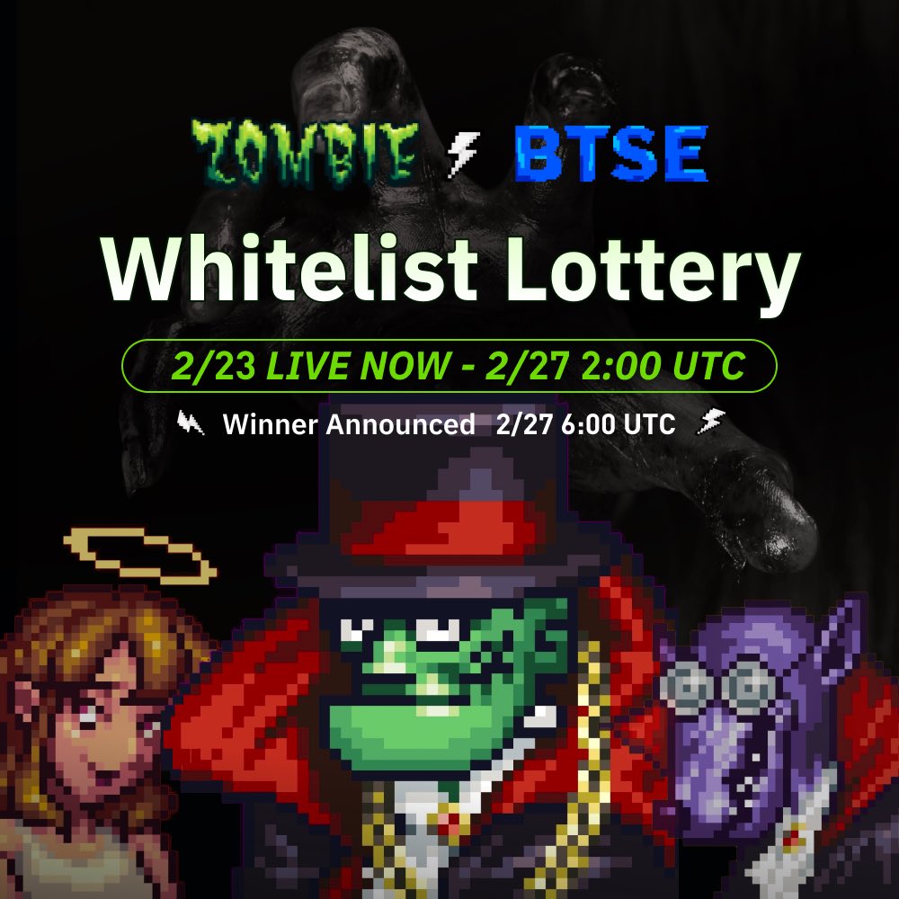 BTSE_Official's tweet image. The Zombies are here! 🧟‍♂️

Get in on the BTSE x #zombieclub Lottery now! 🔥 

Grab 1 of 15 whitelist spots now!

To Enter, hold at least 10 $BTSE tokens in your BTSE spot wallet to claim a ticket.

Tag and retweet to get all the zombies involved. 🗣

btse.com/en/lottery/NFT…