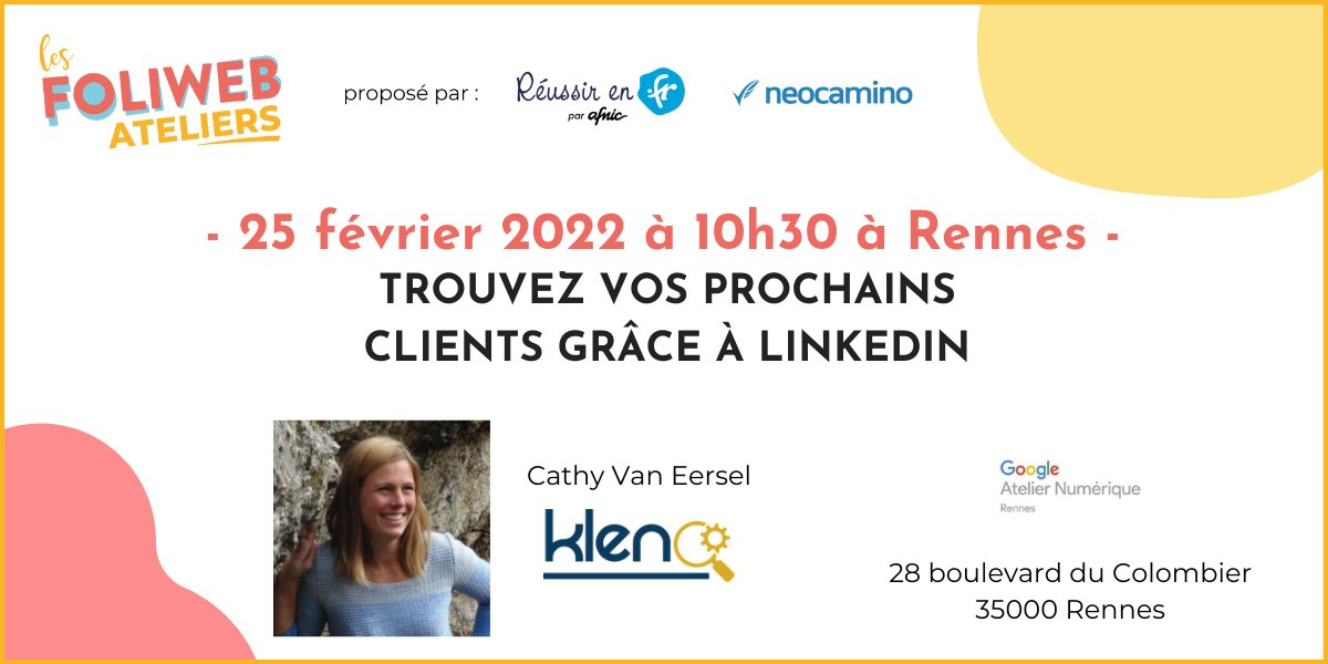 Cathy Van Eersel (@cathyvaneersel) on Twitter photo 🔴 Il reste quelques places pour mon prochain atelier <a href="/Foliweb/">Les Foliweb</a> sur la thématique de #Linkedin à #Rennes ! 🔴
▪️ Quand ? : vendredi 25 février à 10h30
▪️ Où ? : #GoogleAtelierNumérique Rennes
▪️ Inscriptions : bit.ly/3GfsLAR
En partenariat avec <a href="/ReussirEnFr/">Réussir en .fr</a> <a href="/neocamino/">neocamino</a> 🔴 Il reste quelques places pour mon prochain atelier <a href="/Foliweb/">Les Foliweb</a> sur la thématique de #Linkedin à #Rennes ! 🔴
▪️ Quand ? : vendredi 25 février à 10h30
▪️ Où ? : #GoogleAtelierNumérique Rennes
▪️ Inscriptions : bit.ly/3GfsLAR
En partenariat avec <a href="/ReussirEnFr/">Réussir en .fr</a> <a href="/neocamino/">neocamino</a>