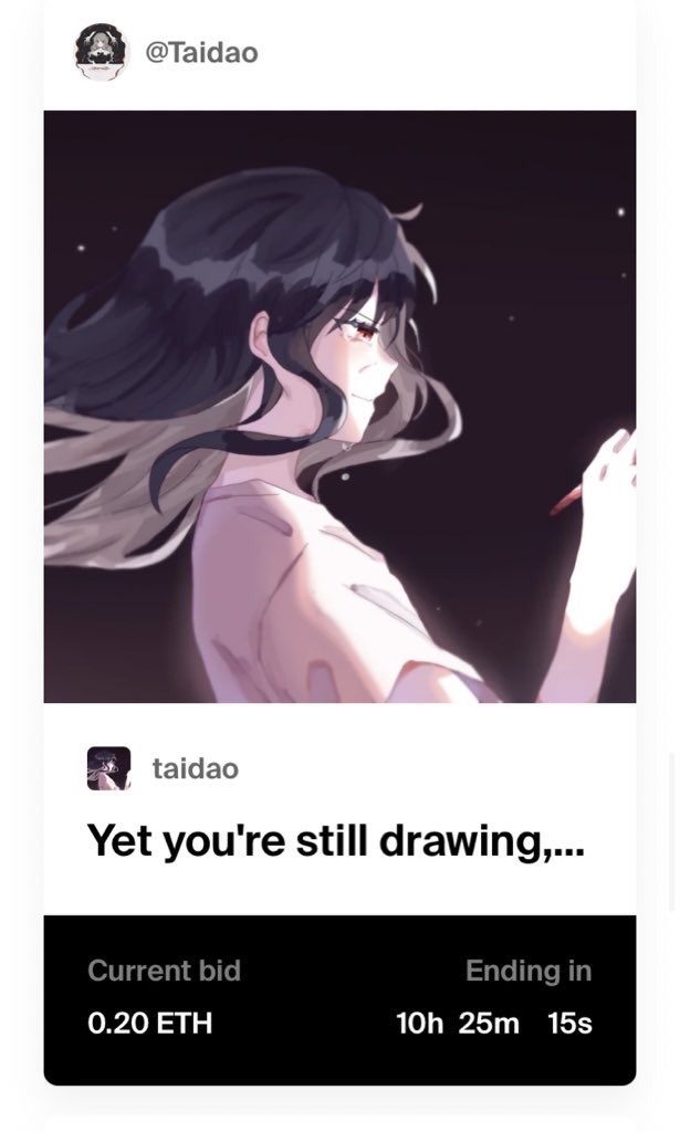 Taidao_Studio's tweet image. 🤍Reminder🤍

10 hrs left for the auction!
The current bid is 0.2 ETH

And every bidder will receive a gift stamp 🤍

foundation.app/@Taidao/taidao…