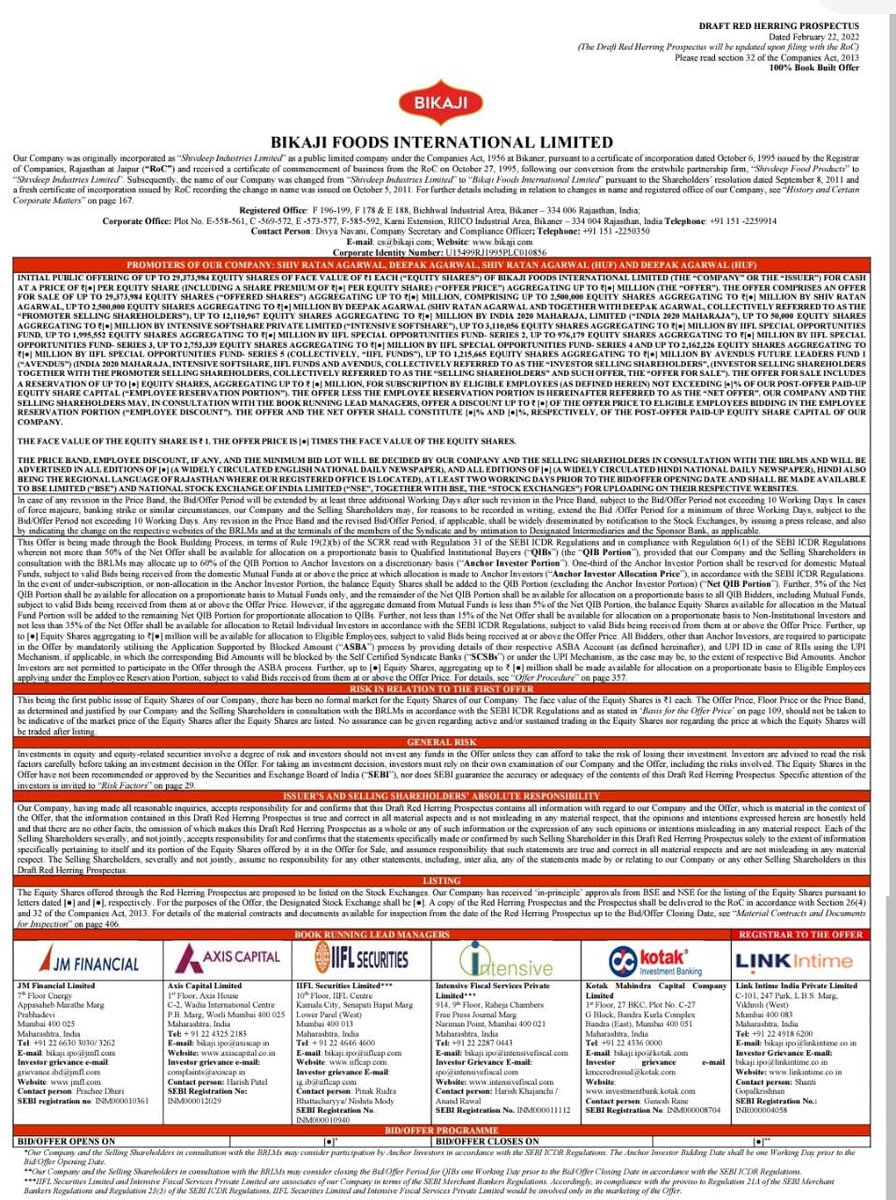 Bikaji Foods International Limited files DRHP OFS of 29,373,984 shares. As  per last media reports, co aims 1000 crore IPO around $1 Billion valuation  So assuming the above valuations, issue price may