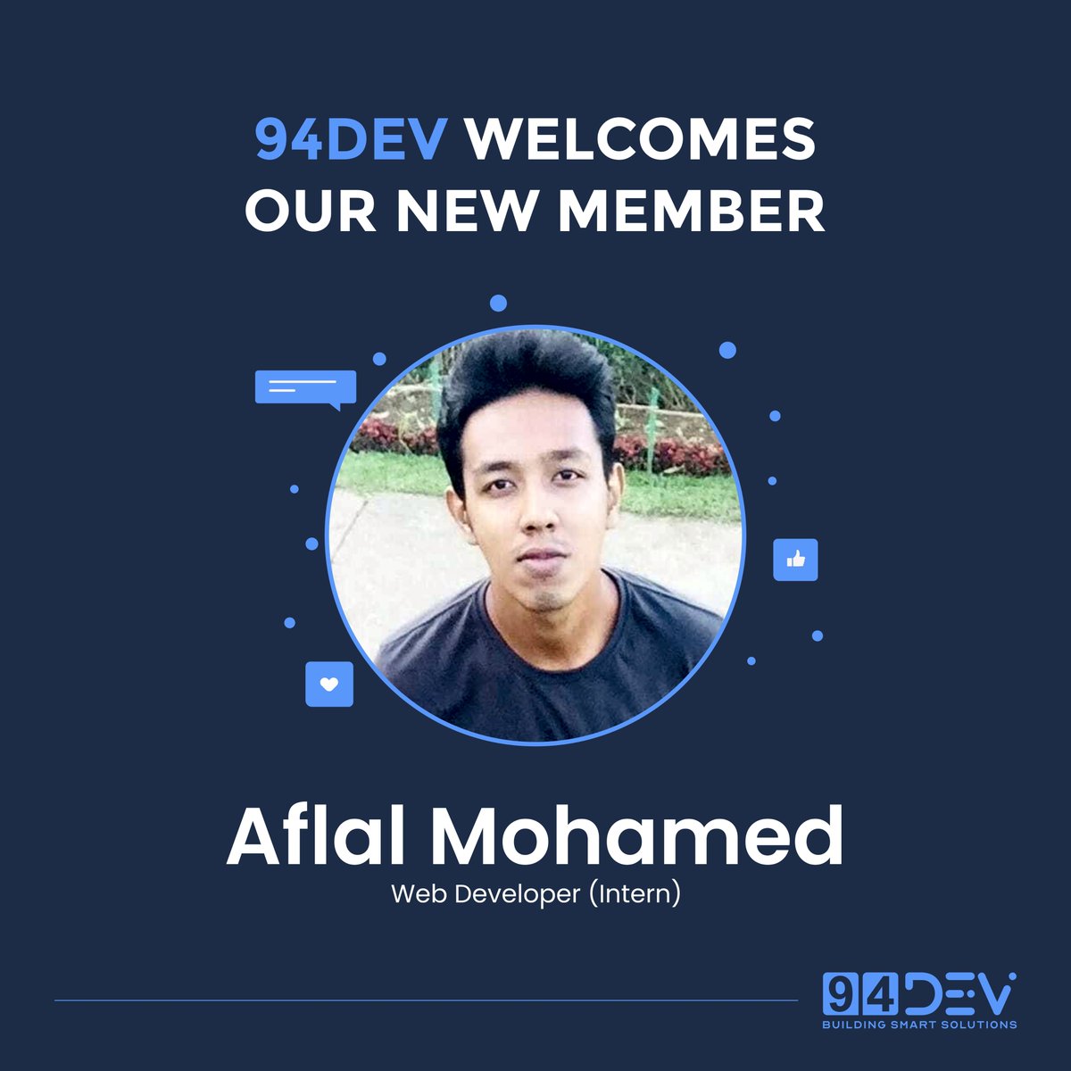94dev1's tweet image. Welcome to the team Aflal Mohamed, We are thrilled to have you at 94DEV. We are all happy and excited about your inputs and contribution to our company.
#welcometotheteam #webdeveloperintern #internship2022 #softwareengineer #94DEV