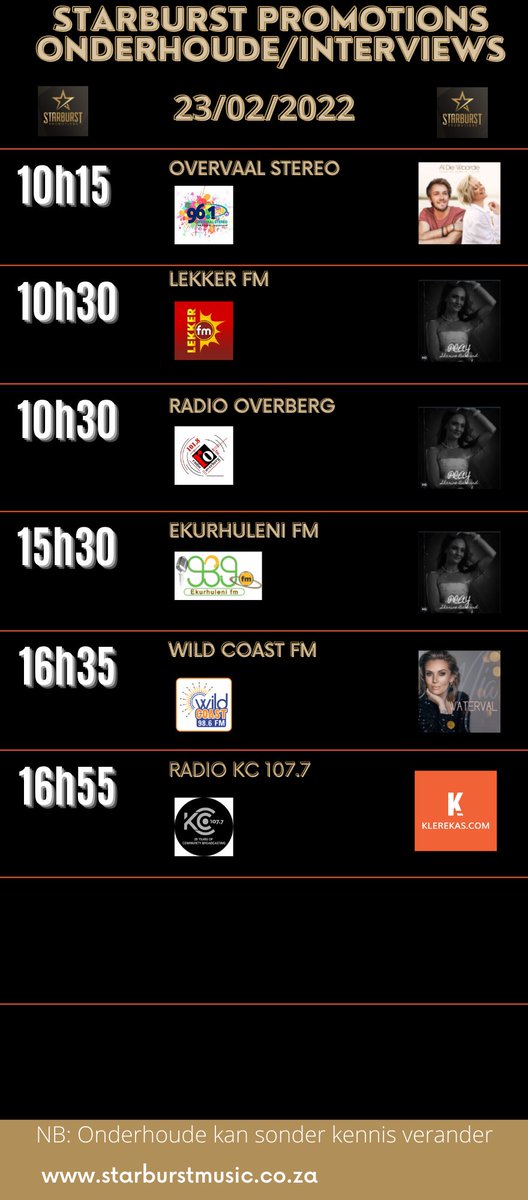 Jou onderhoude vir Woensdag, 23 Feb! Luister saam!
Your interviews for Wednesday, 23 Feb! Tune in!
<a href="/SharineBarnard/">Sharine Barnard</a> @MiaSangeres <a href="/OvervaalStereo/">Overvaal Stereo 96.1</a> <a href="/lekkerfm/">LEKKER FM 98.3</a> <a href="/RadioOverberg/">Radio Overberg</a> <a href="/EkurhuleniFm/">Ekurhuleni FM</a> <a href="/WildCoastFM/">Wild Coast 98.6 FM</a> <a href="/Radiokc1077fm/">Radio KC 107.7fm</a>