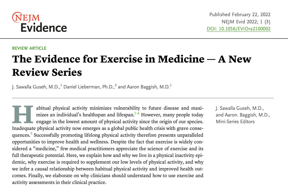 Looking forward to launching this @NEJMEvidence Review Series where we wrestle with the evidence for exercise in medicine. #WhyExercise. (thread)