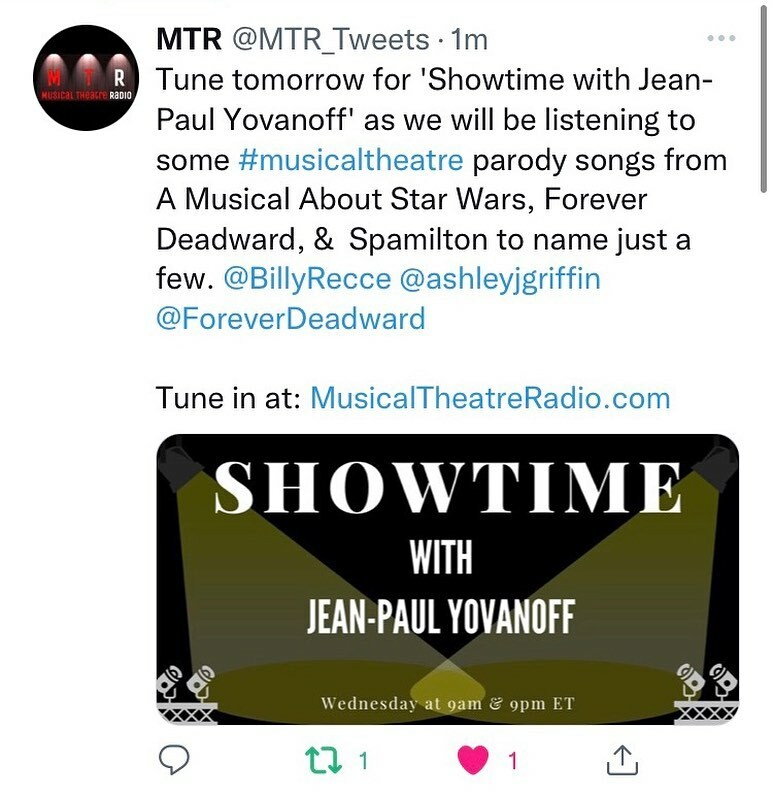 ashleyjgriffin's tweet photo. Thank you @musicaltheatreradio ! Tune in tomorrow for some #ForeverDeadward @jeremy_ezell @davidmallamud #broadway #musicaltheatre https://t.co/O1iKOxTx6X https://t.co/DhxgtM07hi