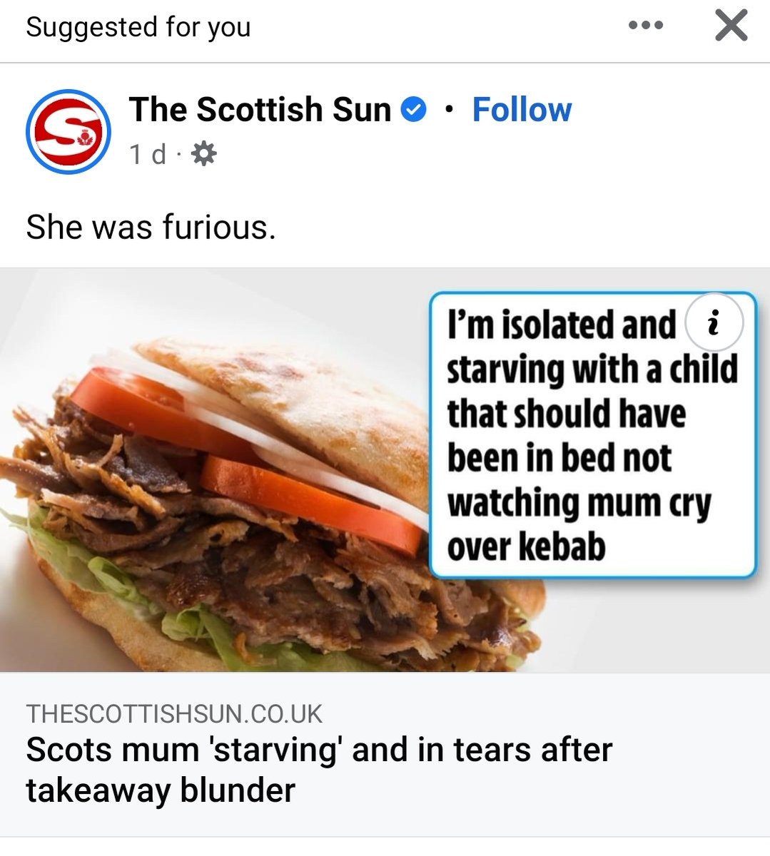 The Scottish Sun. Big News!!! Woman from Falkirk got the wrong sauce on her kebab 🥙 😂 😂 I'm ragin! Sending thoughts and prayers 🙏 What a shit rag. #dontbuythesun @ScottishSun
