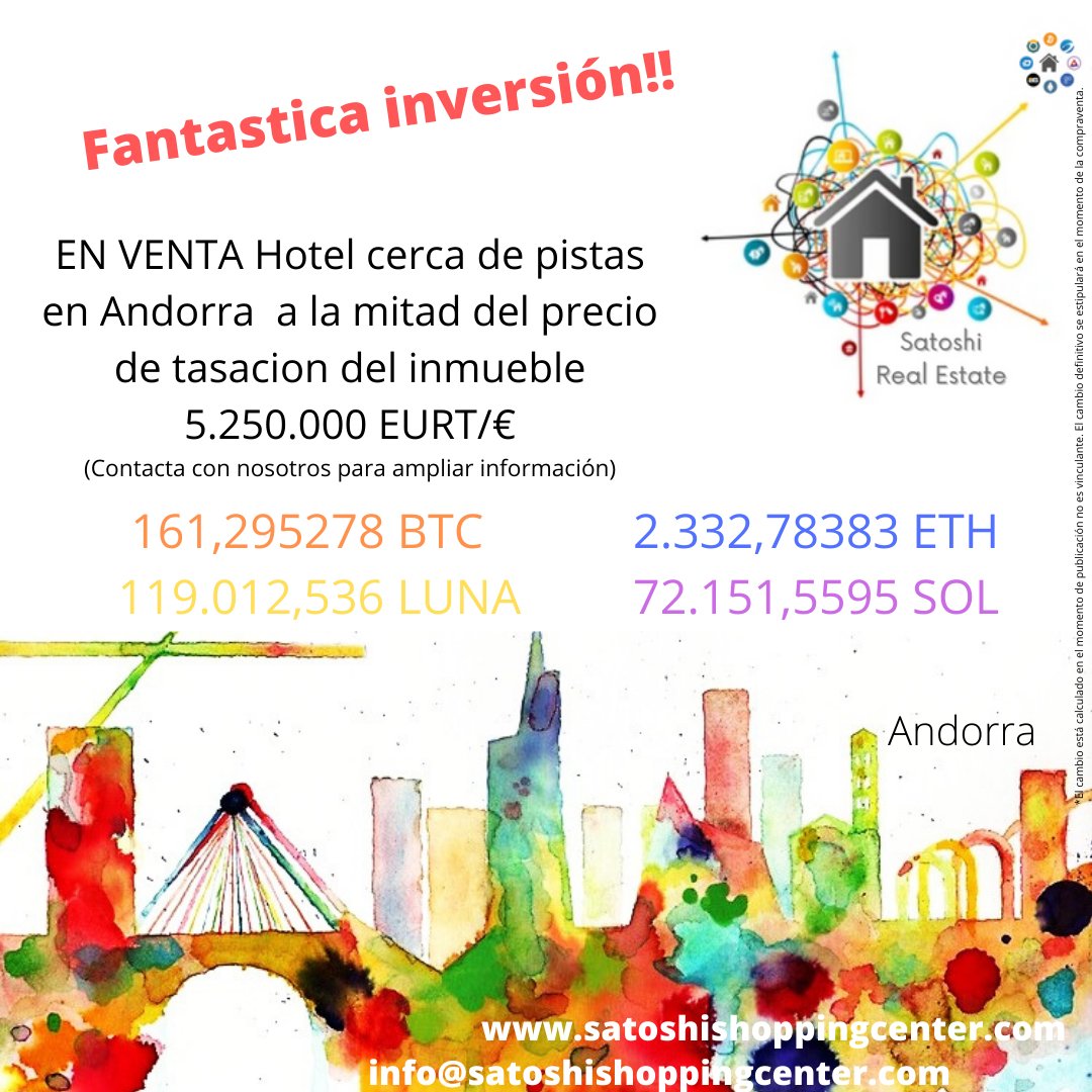 CenterSatoshi's tweet photo. Fantastica oportunidad de inversión en Andorra. Para mas información contacte con nosotros. 
#inversiones #Andorra #cryptocurrency #cryptocositas #Satoshi #cryptoshopping #CryptoInvestment https://t.co/VAzVwFfvOg