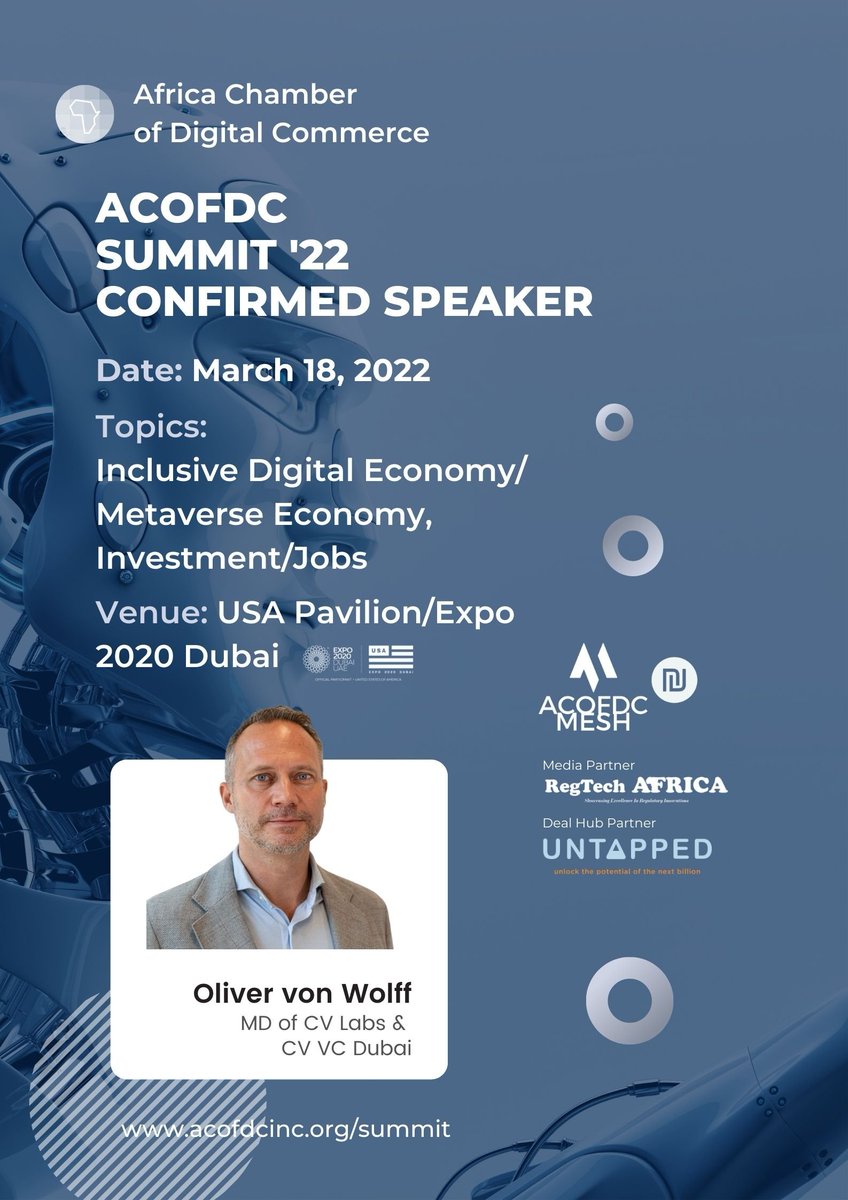 ACOFDC SUMMIT ' 22 
Confirmed Speaker
March 18, 2022
Venue:
@USAExpo2020 @expo2020dubai <a href="/UntappedGlobal/">Untapped Global</a> <a href="/acofdcMesh/">ACOFDCmesh</a> <a href="/CaptJamyl/">SkyDanfoDriver 🛫 (Capt. Jamil)</a> <a href="/Cointelegraph/">Cointelegraph</a> <a href="/TECHdotMN/">tech.mn</a> <a href="/Canza_Finance/">Canza Finance</a> <a href="/3aircrypto/">3air-Limitless Connectivity. Unlimited potential.</a> <a href="/RegtechAfrica/">regtechafrica</a> @NileOneGroup