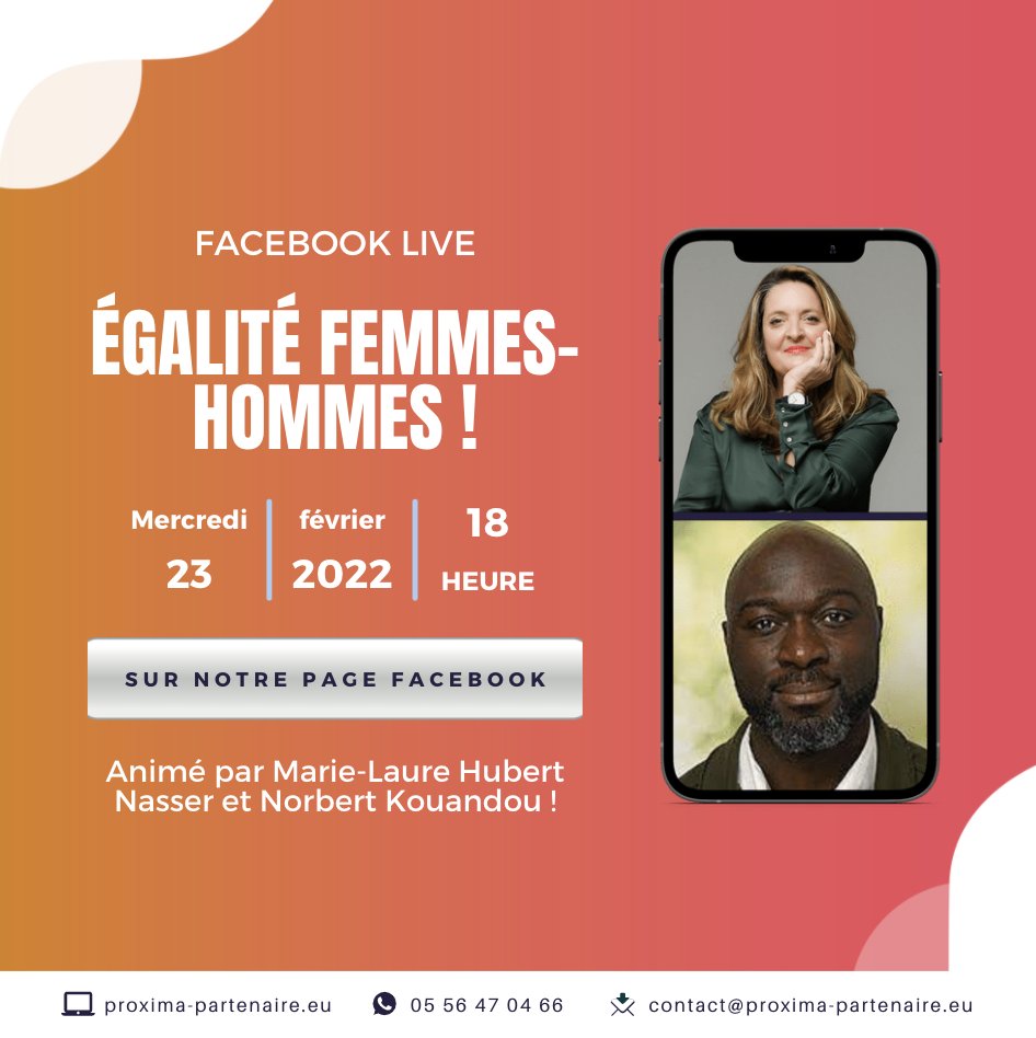 PPartenaire's tweet photo. 🚨 À ne pas manquer  !

💫 Le live sur l'égalité femmes-hommes c'est ce soir avec Marie-Laure Hubert Nasser et Norbert Kouandou !  

Alors rendez-vous à 18h directement sur notre page Facebook. https://t.co/lKsoT9sKne