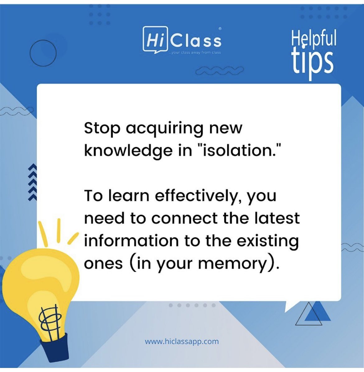 HiClassApp's tweet photo. 1/5. Wednesday is for a Revision 😊 

#learningTips 
Have you ever studied a new topic/concept and find it challenging to remember after a few days? That's likely because you didn't connect the knowledge to the existing ones in your memory. https://t.co/bbIZRbezOp