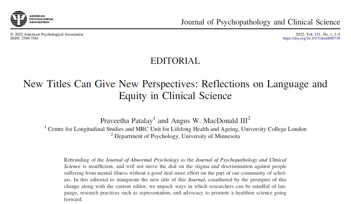 As this journal begins life with a new name, we (w <a href="/DrMacDonald3rd/">Angus MacDonald, III</a>) share some reflections on language, stigma, equity and advocacy in mental health science...

psycnet.apa.org/fulltext/2022-…

still so much to do!!!