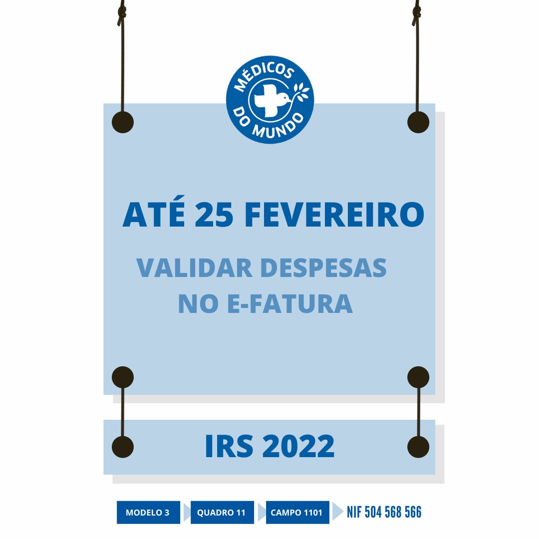 medicosdomundo's tweet photo. Já anotou no seu calendário a próxima data do IRS?
Basta aceder ao portal E-fatura e validar ou completar a informação das faturas que estiverem pendentes. 

Aproveite e indique já a entidade a consignar!
#IRS2022 #efatura #irs #MédicosdoMundo https://t.co/f0bvf2jDLX