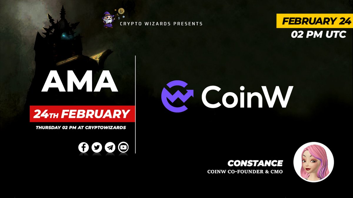 Crypto Wizards (@wizards_crypto) on Twitter photo #AMA With CoinW Exchange
on February 24th 2022 @ 2:00 PM UTC
VENUE: t.me/CryptoWizardsC…………
1. Follow :
<a href="/wizards_crypto/">Crypto Wizards</a>
<a href="/Coinw_exchange/">jus773s71ng</a>
2. Like & Retweet
3. Comment your questions
Check Telegram announcement for further rules and attend the AMA for rewards #AMA With CoinW Exchange
on February 24th 2022 @ 2:00 PM UTC
VENUE: t.me/CryptoWizardsC…………
1. Follow :
<a href="/wizards_crypto/">Crypto Wizards</a>
<a href="/Coinw_exchange/">jus773s71ng</a>
2. Like & Retweet
3. Comment your questions
Check Telegram announcement for further rules and attend the AMA for rewards