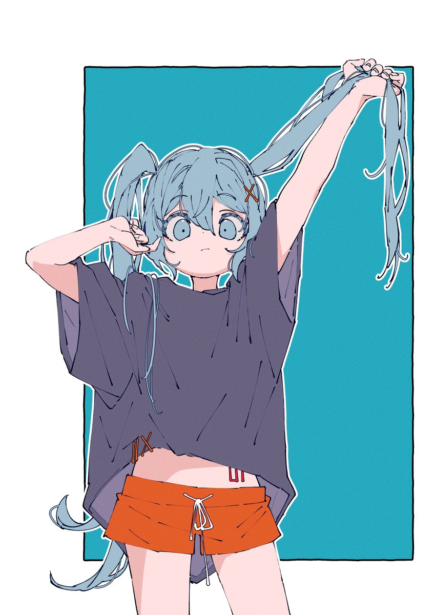 hatsune miku 1girl solo orange shorts twintails long hair shorts shirt  illustration images