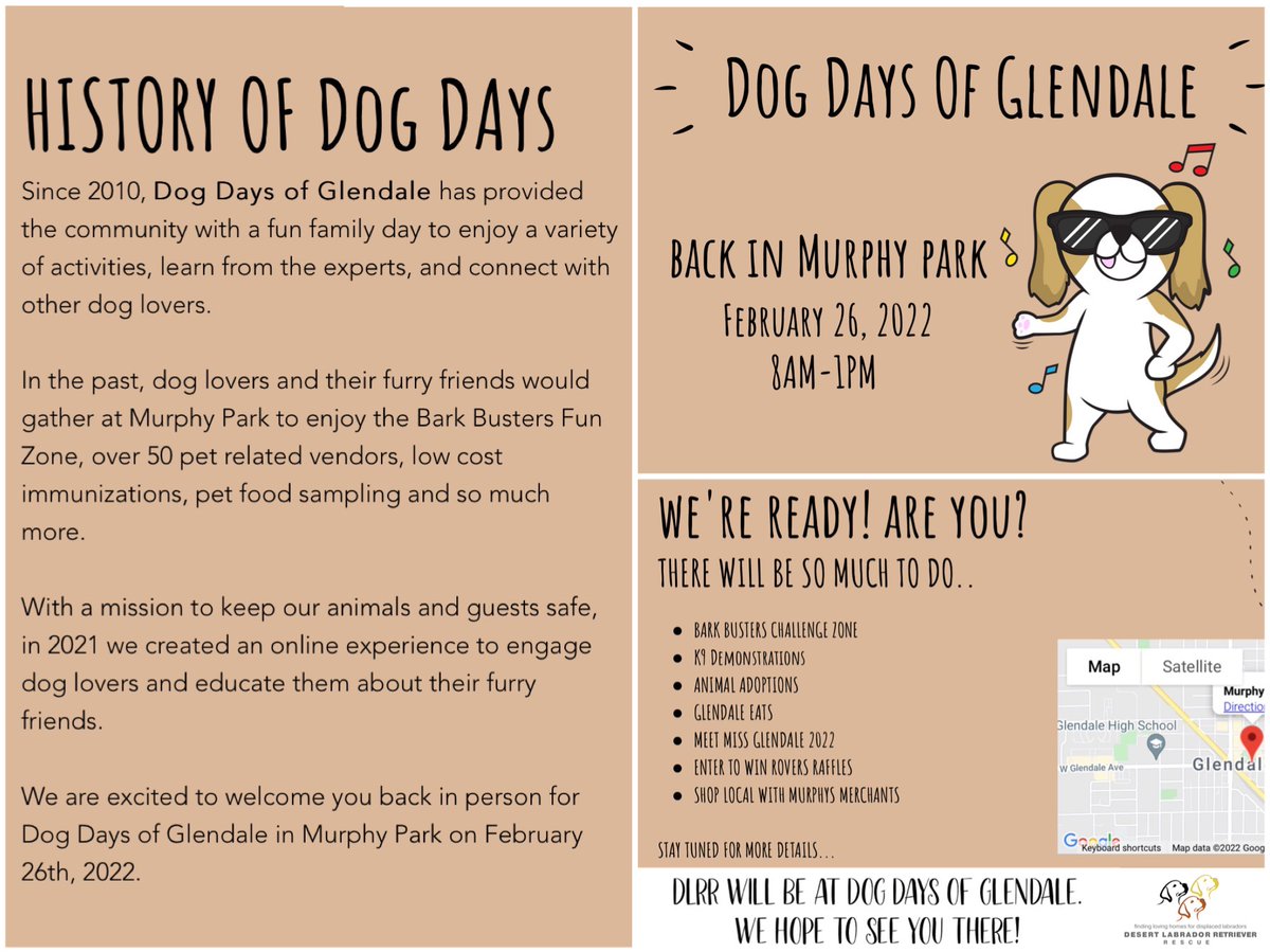 DLRR's tweet photo. Please join us at the Dog Days of Glendale this Saturday. DLRR is happy to be participating in this fun day of activities. We would love to see you there!
#dogdaysofglendale
#desertlabradorretrieverrescue https://t.co/kuTpXNp7GG