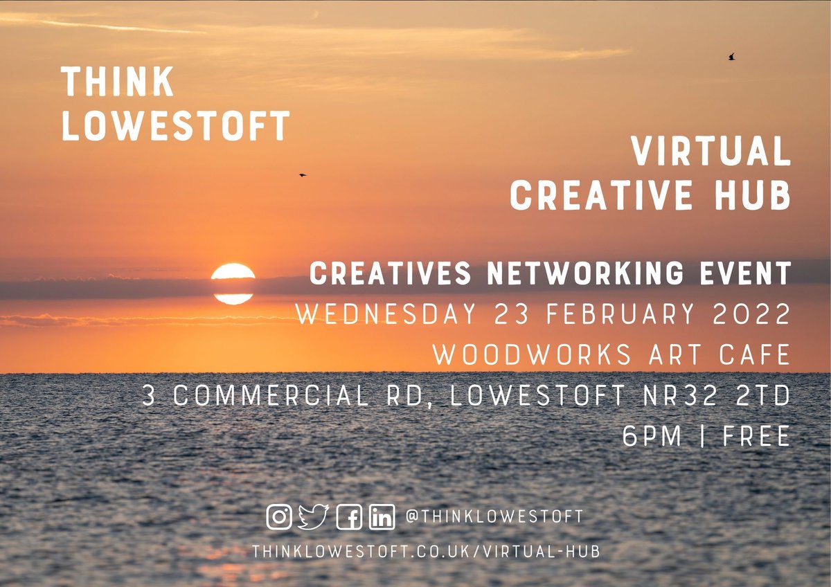 ThinkLowestoft's tweet photo. It's our monthly meet up tonight at Woodworks Art Café. 
If you're in the creative sector and want to meet others who live and work in #Lowestoft then come along this evening, 23/2, 6pm. 
Woodworks Art Cafe, 3 Commercial Rd, Lowestoft NR32 2TD
#LowestoftCreative #TheLeadingLight https://t.co/6xrzrux3GC
