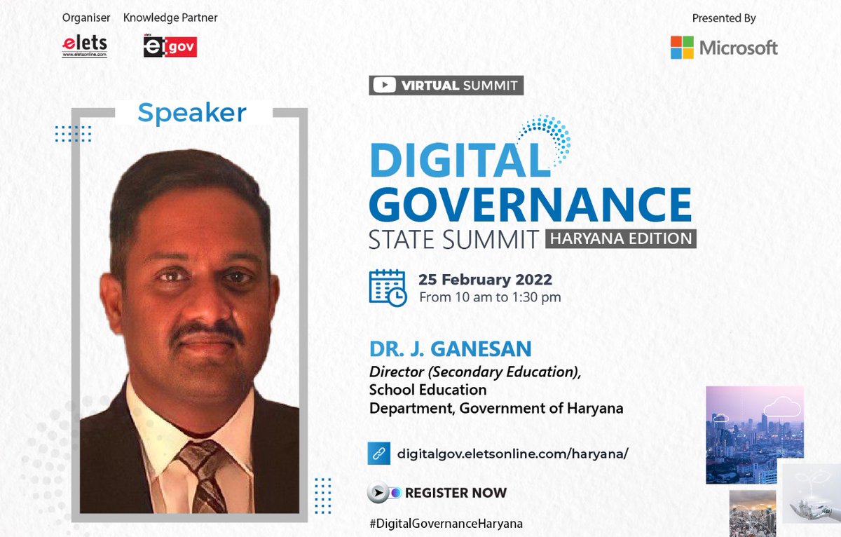 eGov Magazine (@egovonline) on Twitter photo Key Speaker I Dr. J. Ganesan, Director (Secondary Education), School Education Department, Haryana I Join Us for Deliberations
To register: bit.ly/34ZOQqo
For details: bit.ly/34UkPIa
#DigitalGovernanceHaryana #DigitalHaryana #DigitalIndia <a href="/cmohry/">CMO Haryana</a> Key Speaker I Dr. J. Ganesan, Director (Secondary Education), School Education Department, Haryana I Join Us for Deliberations
To register: bit.ly/34ZOQqo
For details: bit.ly/34UkPIa
#DigitalGovernanceHaryana #DigitalHaryana #DigitalIndia <a href="/cmohry/">CMO Haryana</a>