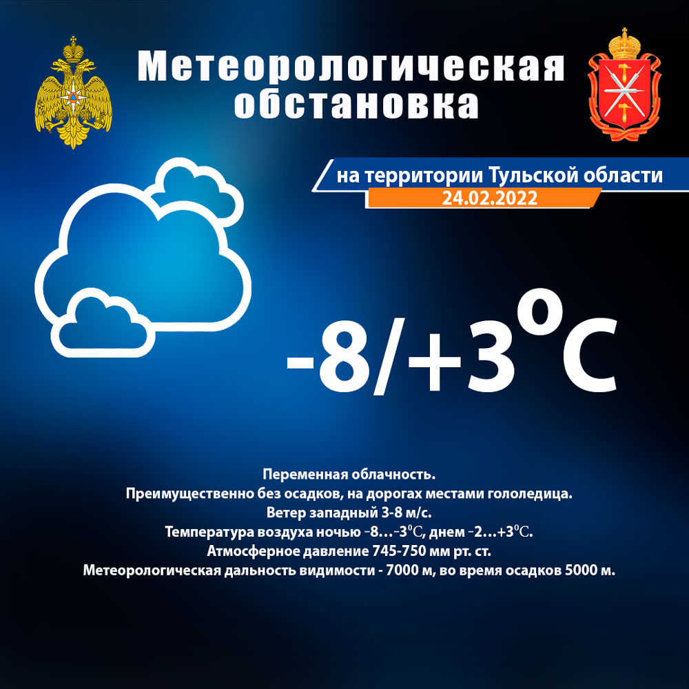 На сайте ГУ #МЧС России доступен ежедневный оперативный #прогноз возникновения и развития #ЧС на 24.02.2022 года
71.mchs.gov.ru/deyatelnost/pr…