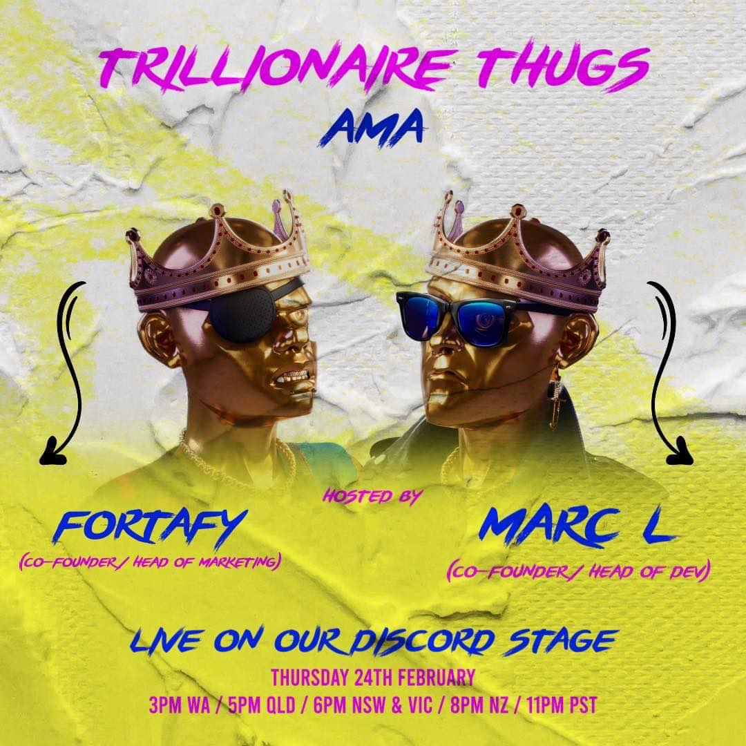 TThugsNFT's tweet photo. TRILLIONAIRE THUGS Interview with head of dev &amp; Fortafy in our discord! Get an update on the play 2 earn game aswell as everything DEV! Hit our link in bio and join the discord now! THURSDAY 24TH FEB! #trillionairethugs https://t.co/4cgNbIdn1O