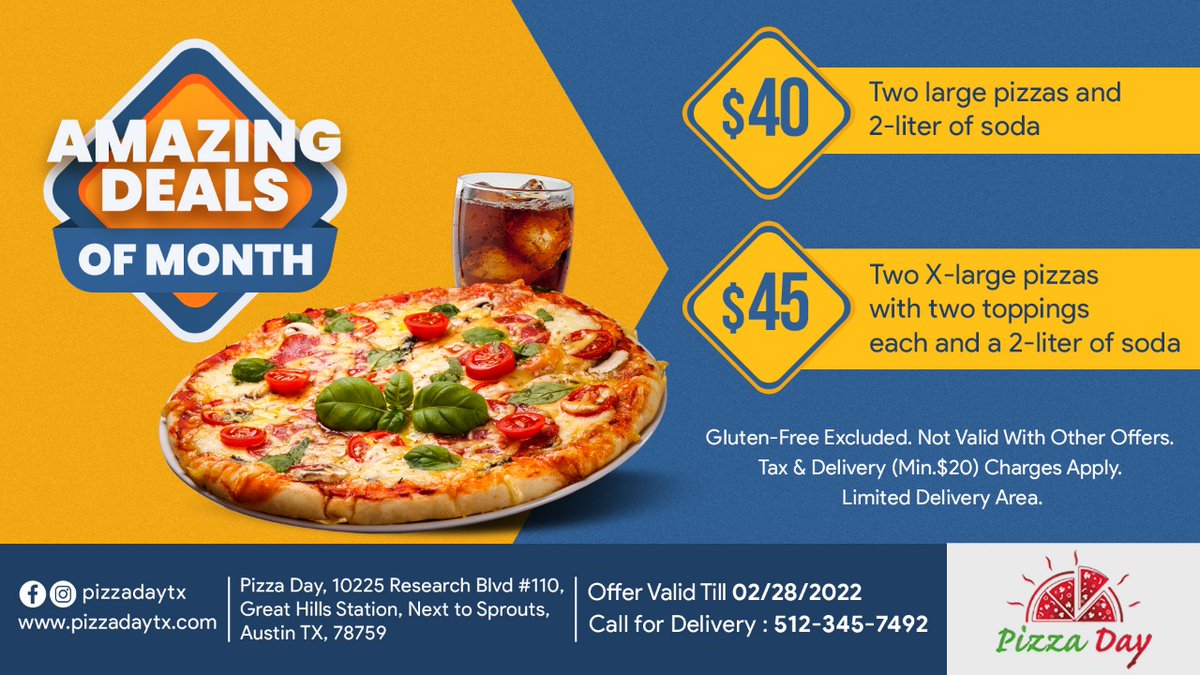 PizzaDayTx's tweet photo. Life tastes better with pizza
Enjoy Amazing Deals Of The Month @PizzaDayTX
Buy Two large pizzas and 2-liter of soda. at $40.00
Buy Two Xlarge pizzas with two toppings each and a 2-liter of soda. for $45.00
Call to Order: 512-345-7492
#pizzadaytx #pizzadaily #pizzaeveryday https://t.co/EgkAcaZMTv