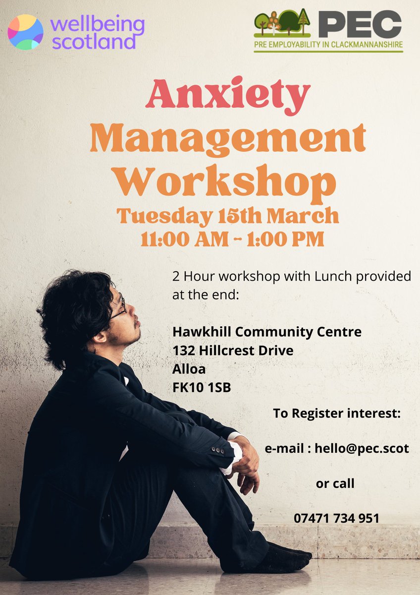 PEC are holding an Anxiety Management Workshop at the centre. Tuesday 15 March, 11am - 1pm. If you are interested in attended email: hello@pec.scot or call on 07471 734 951 😊