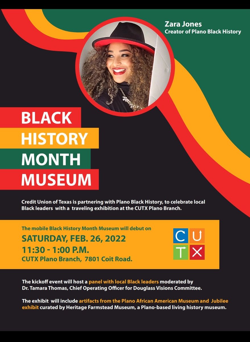 kittyrocka's tweet photo. Join former @Plano_Schools graduate, and Creator of https://t.co/exzlsaAwiX  #ZaraJones this Saturday at the mobile #BlackHistory museum debut! @FMS_Plano @JacksonPlano @planowestevents @girlscouts @SheptonStallion @planowestptsa https://t.co/2sNi0bSfr4