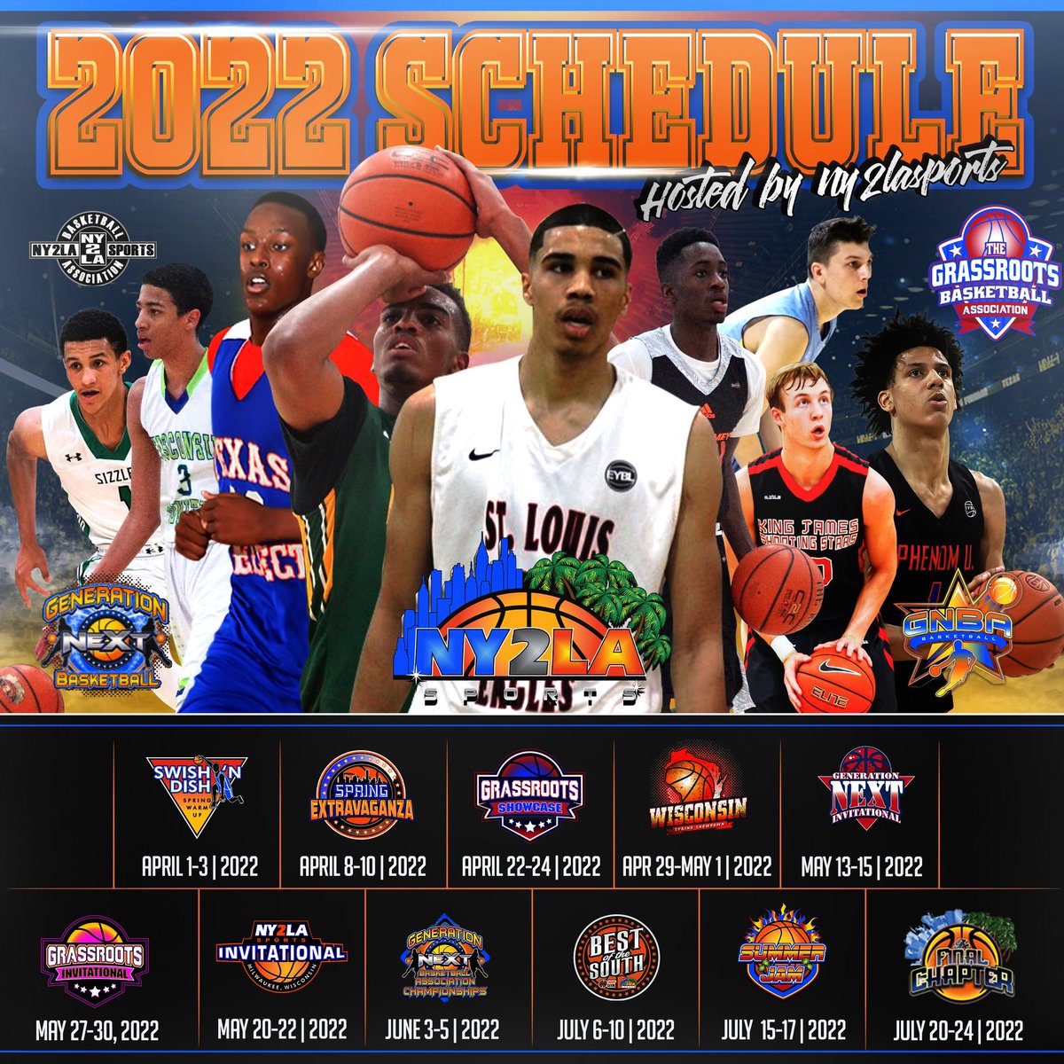 👀 Updated 2022 calendar with the recent additions of The Final Chapter (July 20-24) &amp; the Grassroots Invitational (May 27-30) 

Up first is
Swish N’ Dish (April 1-3) 

See you this spring and summer…
🏀🔥🔦📸🎥✈️🌍