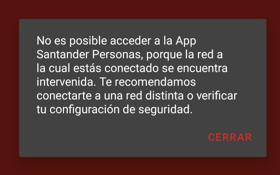 comodijochaplin's tweet photo. @santanderchile Hola!! Me aparece este mensaje de "red intervenida" al acceder a la app en android con mi red 4G...es generalizado, puedo hacer algo para corregir? O me tengo que preocupar? https://t.co/0ssAbA5G3f