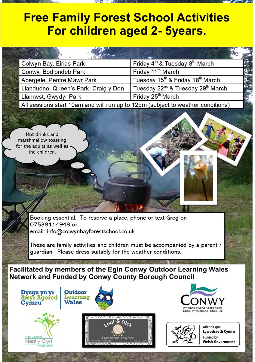 NYGforestschool's tweet photo. *AM DDIM* Ysgol Goedwig i rieni a phlant 2-5 oed. Celf a chrefft ar natur, tostio malws melys a siocled poeth🌿*FREE* Forest School activities for parents and children aged 2-5. Nature inspired arts and crafts, marshmallow toasting and hot chocolate. @NatResWales @ConwyCBC https://t.co/K0zWxzZxom