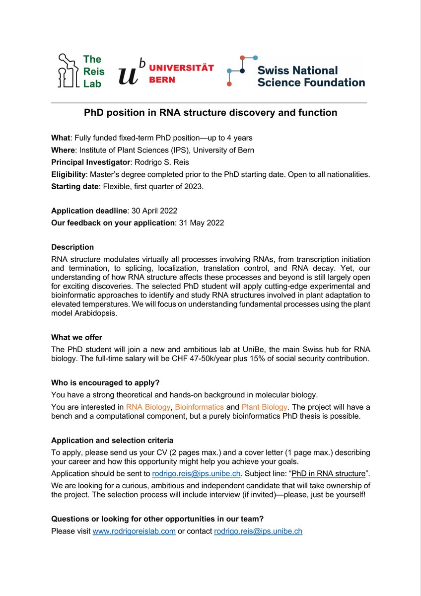 Rodrigo_S_Reis's tweet photo. Pls RT
PhD position (fully-funded) in my upcoming lab @unibern to study the role of RNA structure in plant adaptation. 
#phdpositions @phd_position https://t.co/Q3K03rD19D