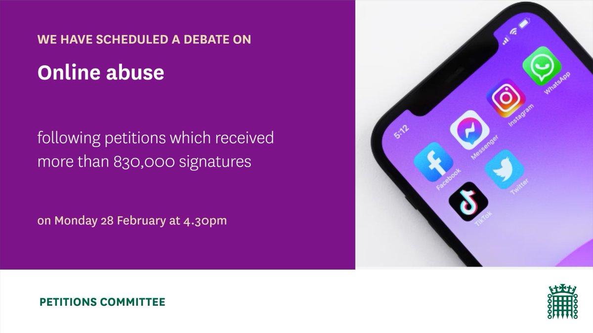 We have scheduled a debate on petitions relating to online abuse, for Monday 28 February. 🗓️   committees.parliament.uk/committee/326/…