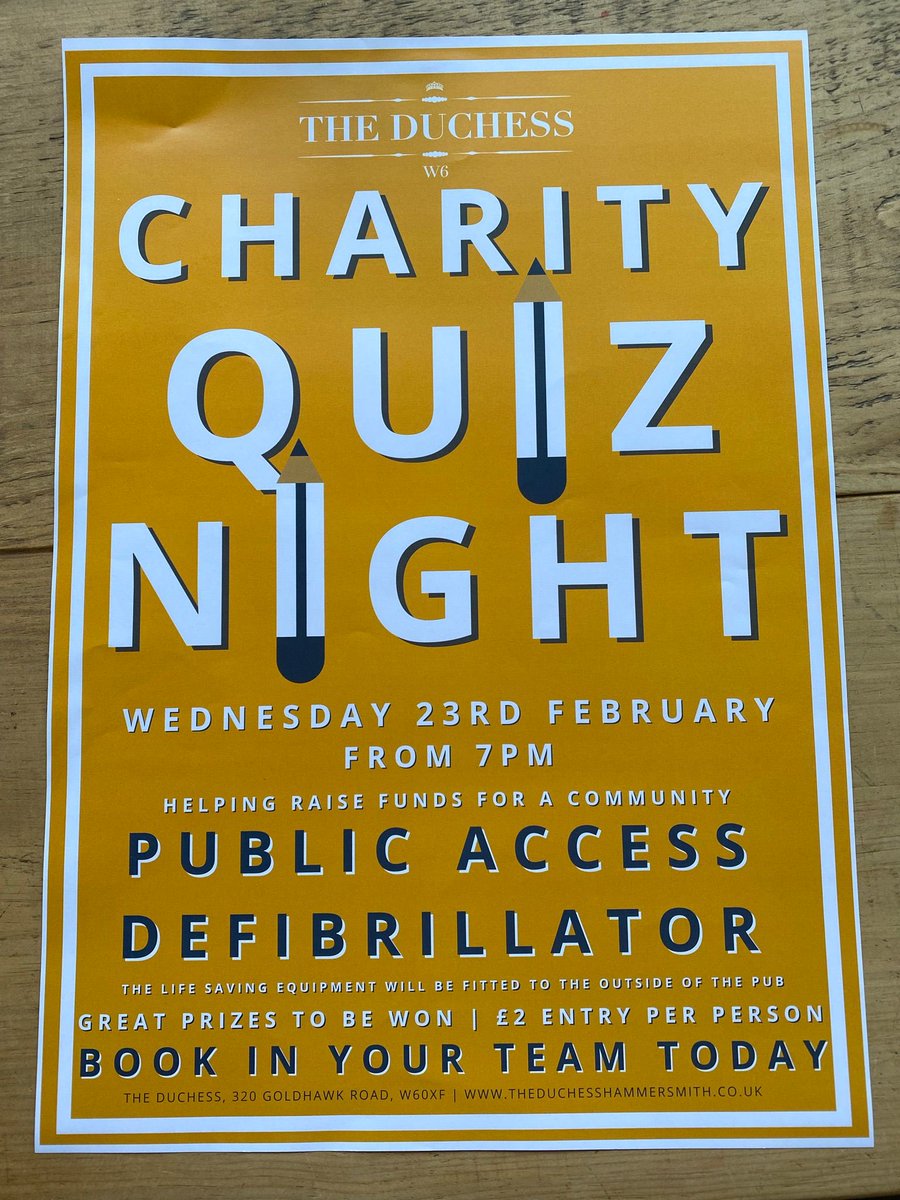 Charity quiz night at the Duchess W6. 23 April. Book your team in now.