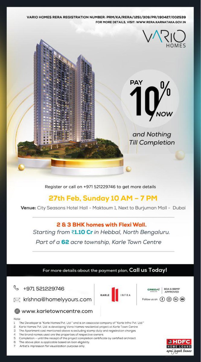 HomelyYours's tweet photo. Investors Meet - #KarleInfra.
Presenting Most Luxurious lifestyle homes that speaks for themselves!
Smartly planned homes with all amenities at the most prime location of #Bangalore with flexible payment plans.
Meet us on Feb 27th, at City Seasons Hotel, Burjuman #Dubai
10AM-7PM https://t.co/LJmJtqTH2J