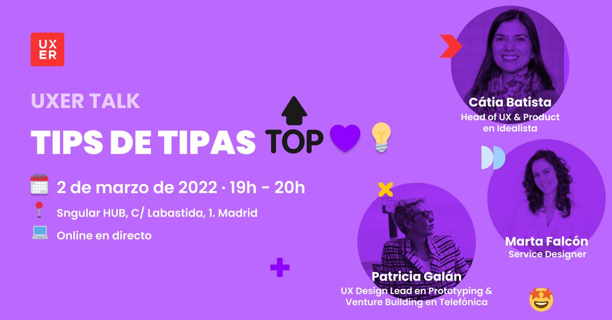🙅‍♀️¿Cómo va eso del Síndrome de la Impostora? ¿Y lo del techo de cristal?

💜El día 2 de marzo tenemos un UXER Talk muy especial donde hablaremos de todo esto junto a Tipas muy TOP 

📍 Esta vez online o presencial pero con plazas limitadas. ¡Corre!

👉uxerschool.com/cursos/uxer-ta…