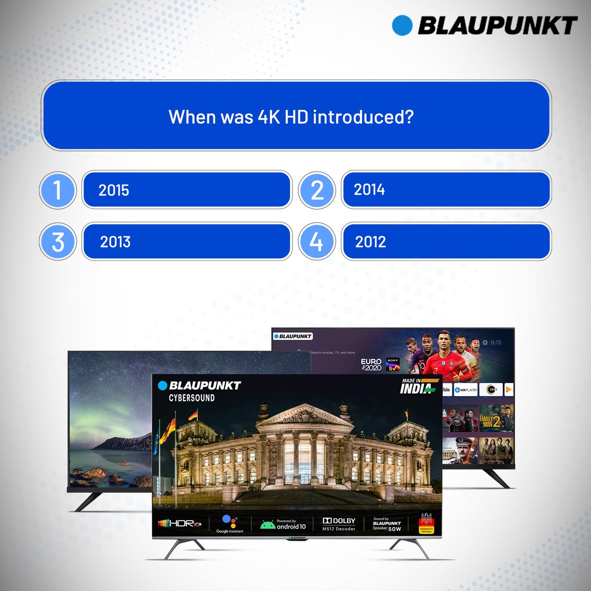 blaupunkttv's tweet photo. In the era of entertainment, we enjoy the most sophisticated viewing experience with 4K technology. Guess the birth year of this innovation and leave your answer in the comment box.
#Blaupunkt #technology #innovation #television #LED #sound #televisionscreen #audio https://t.co/nc4Sq56uMc