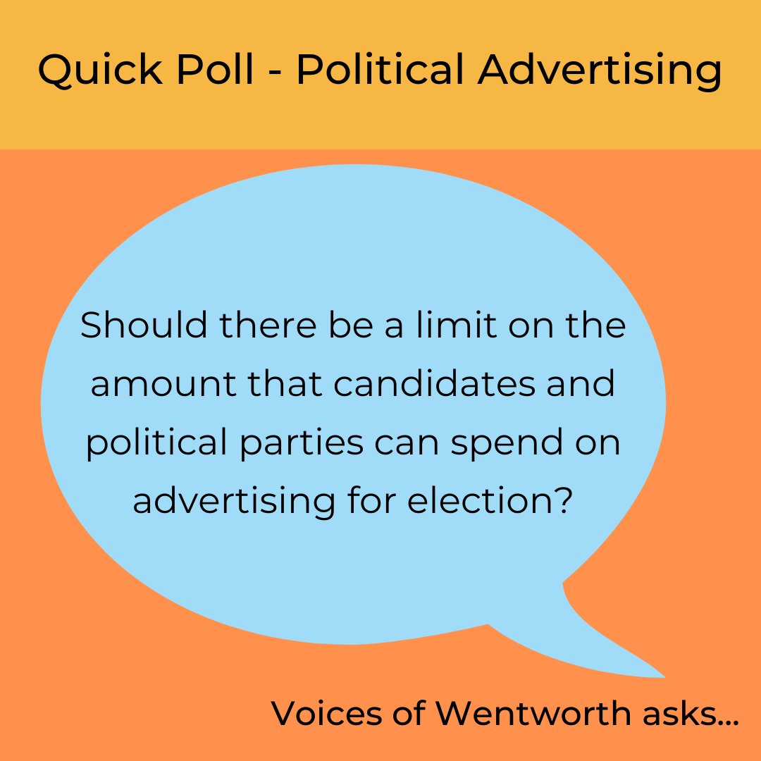 VoicesWentworth's tweet photo. Click for a quick yes/no poll: https://t.co/2z3GpshR0e

#WentworthAsks should there be a limit on the amount that candidates and political parties can spend on advertising for elections?

#StateCaputure @cpi_aus @OurDemocracyAU @TIAustralia https://t.co/SCo5qVso1w