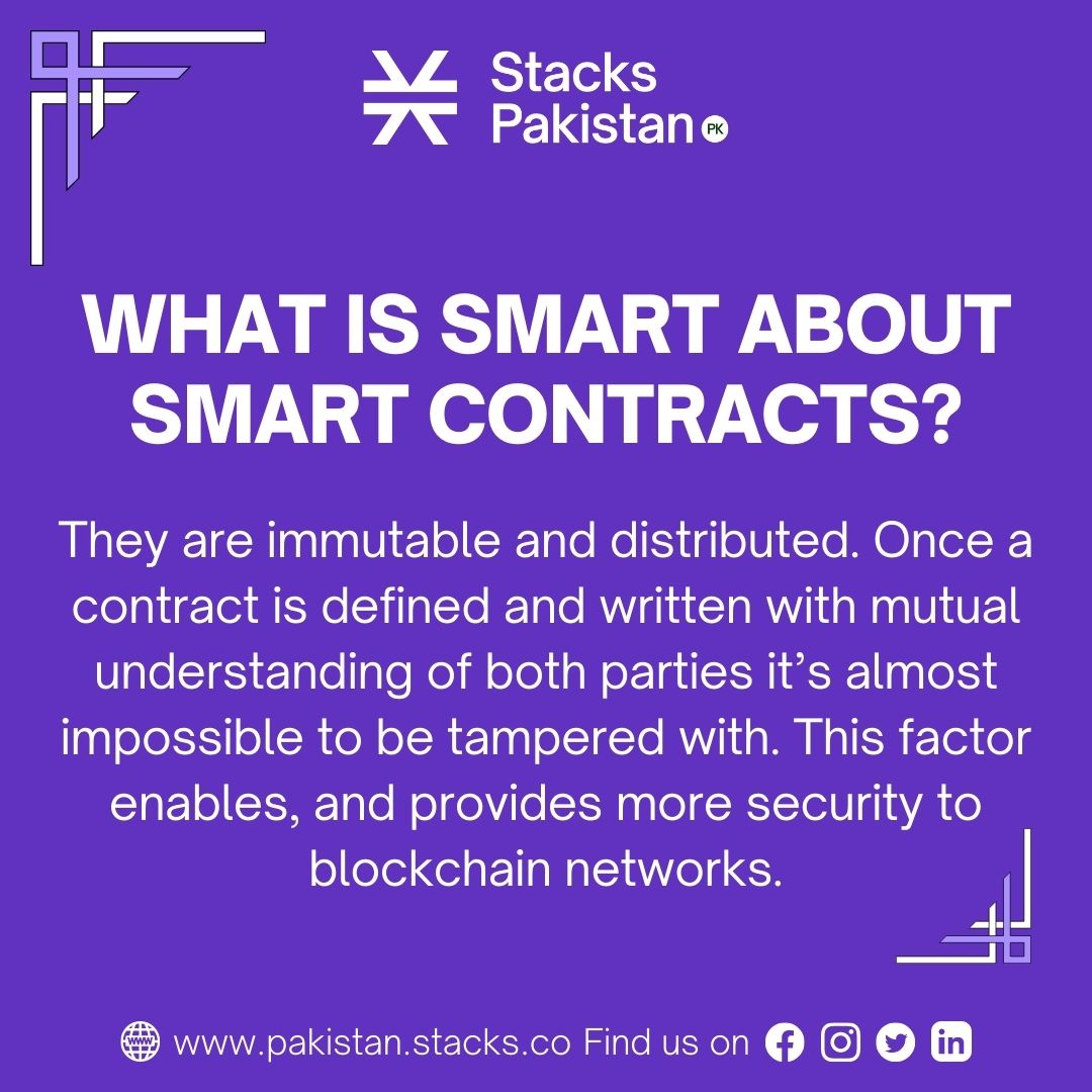 StacksPakistan's tweet photo. They are immutable and distributed. Once a contract is defined and written with mutual understanding of both parties it’s almost impossible to be tampered with. This factor enables, and provides more security to blockchain networks.
#StacksPakistan #OwnYourInternet #StacksBlogs https://t.co/X5iBlESvvo