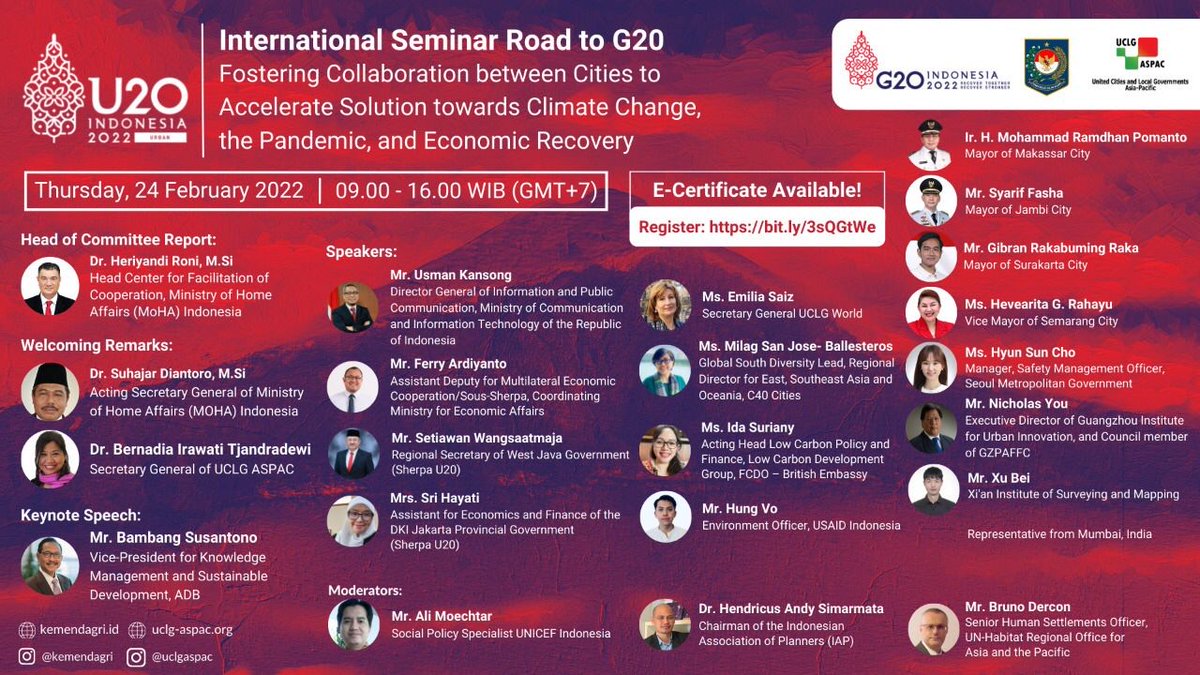 TxtdariHI's tweet photo. Source: ✨UCLG ASPAC✨
D-1 of the U20 INTERNATIONAL EVENT!
Every step counted and let's be part of change.
Scan the QR Code or go to https://t.co/9eI3BKYmd2 to register.
See you!
#Insight4Leader #4BetterLocal #Urban20 #G20Indonesia2022 #RecoveryTogetherRecoveryStronger https://t.co/uoqYco4acR