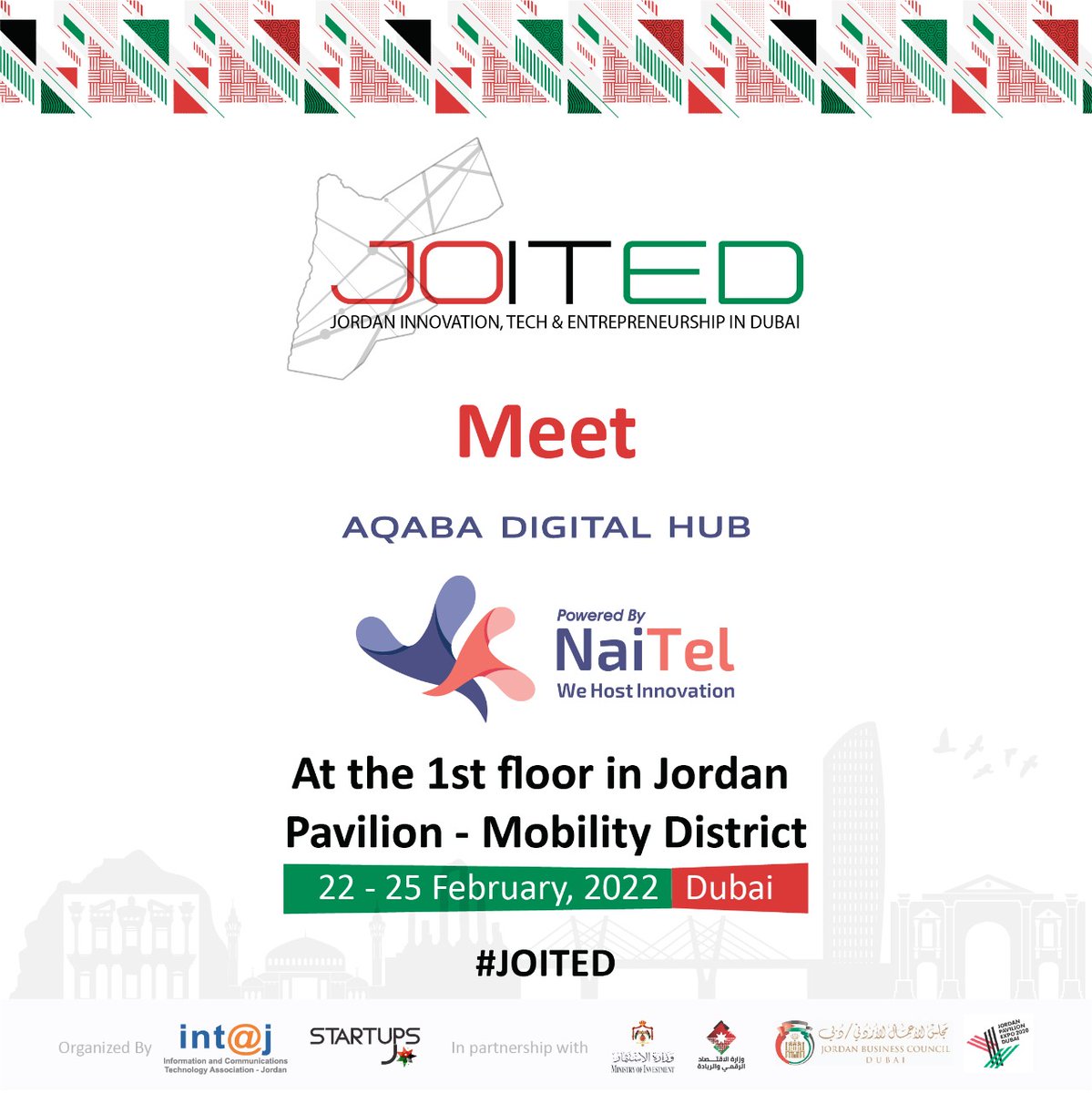 intajICTJO's tweet photo. Discover #AqabaDigitalHub Innovative Solutions and Creative Ideas from 22_25 February at the 1st floor in the #JordanPavilion located in #mobility district in #Expo2020

#JOITED @NaitelJo
#Entrepreneurship #Innovation #Jordan #Dubai #Expo2020Dubai https://t.co/T5BwImPeRw